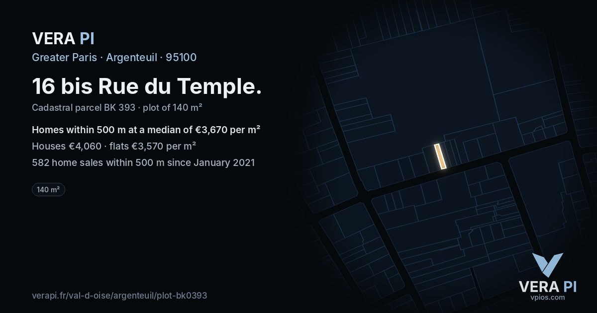 16 bis Rue du Temple, Argenteuil at night – the plot lit, the parcels around coloured by the prices near them