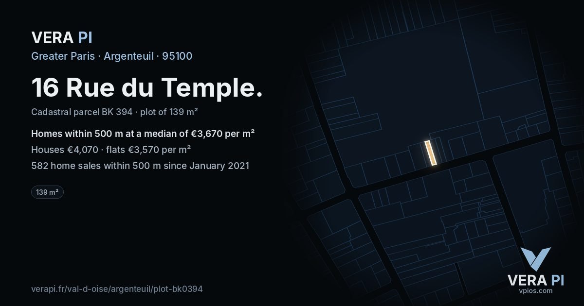 16 Rue du Temple, Argenteuil at night – the plot lit, the parcels around coloured by the prices near them