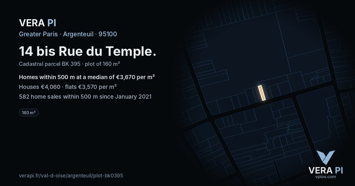 14 bis Rue du Temple, Argenteuil at night – the plot lit, the parcels around coloured by the prices near them