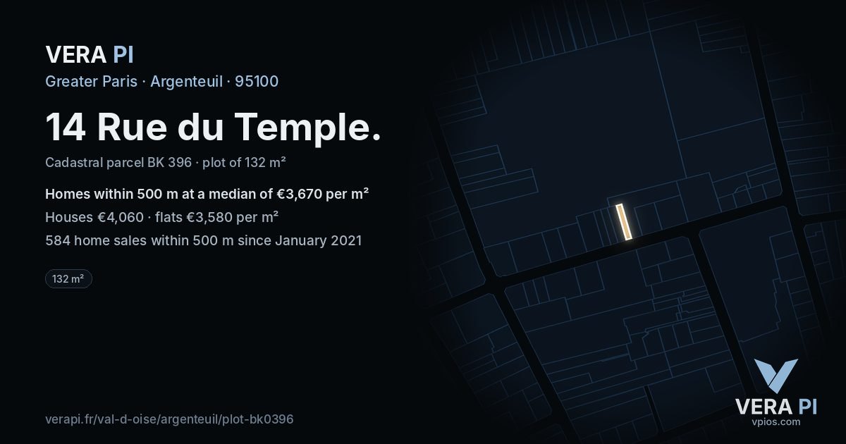 14 Rue du Temple, Argenteuil at night – the plot lit, the parcels around coloured by the prices near them