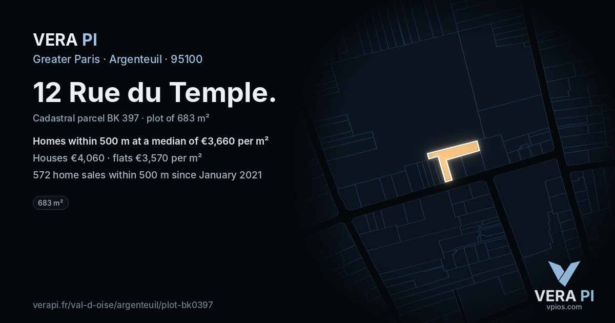 12 Rue du Temple, Argenteuil at night – the plot lit, the parcels around coloured by the prices near them