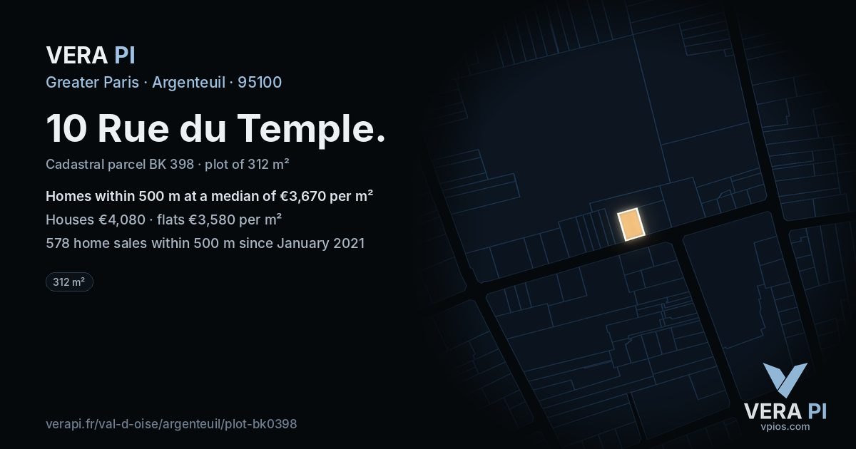 10 Rue du Temple, Argenteuil at night – the plot lit, the parcels around coloured by the prices near them