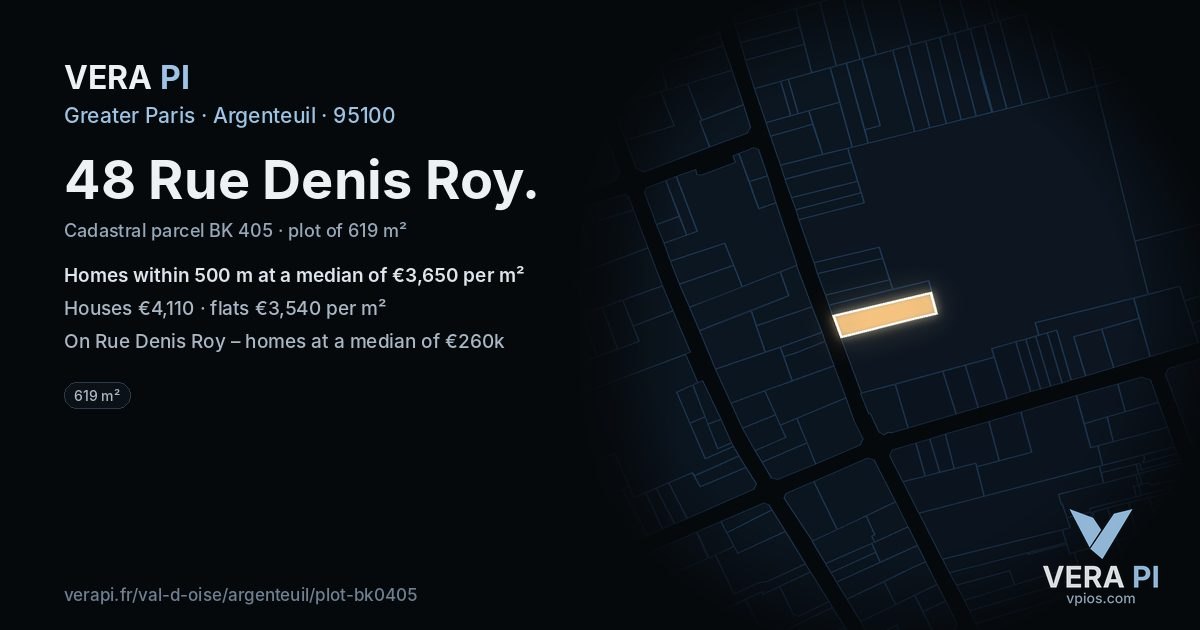 48 Rue Denis Roy, Argenteuil at night – the plot lit, the parcels around coloured by the prices near them