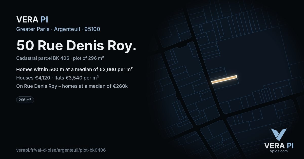 50 Rue Denis Roy, Argenteuil at night – the plot lit, the parcels around coloured by the prices near them