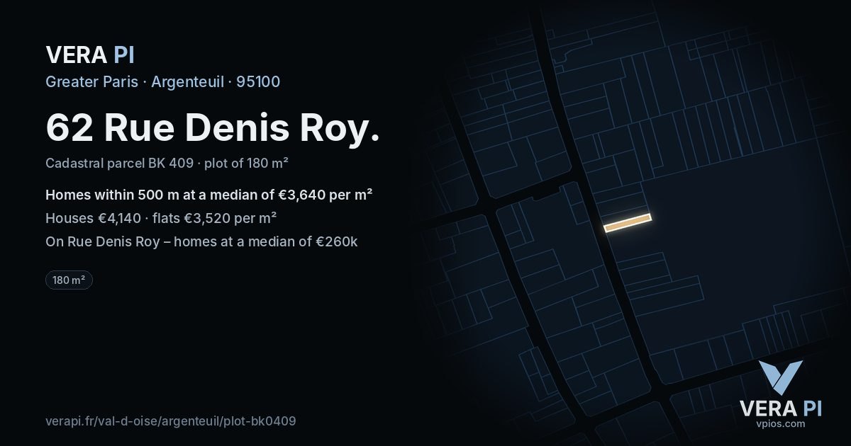 62 Rue Denis Roy, Argenteuil at night – the plot lit, the parcels around coloured by the prices near them