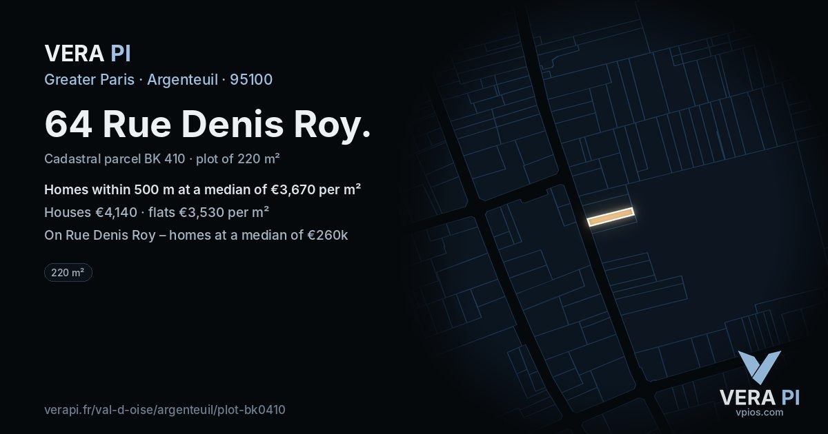 64 Rue Denis Roy, Argenteuil at night – the plot lit, the parcels around coloured by the prices near them