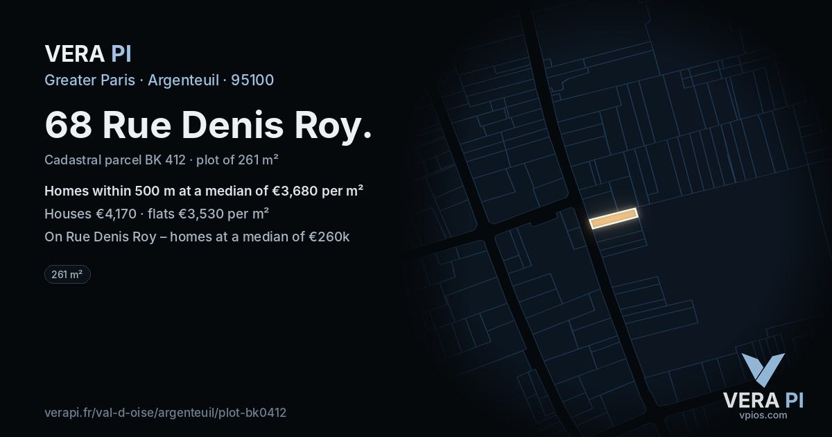 68 Rue Denis Roy, Argenteuil at night – the plot lit, the parcels around coloured by the prices near them
