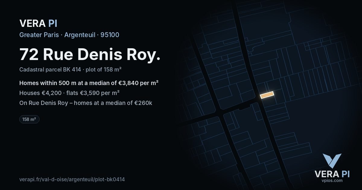 72 Rue Denis Roy, Argenteuil at night – the plot lit, the parcels around coloured by the prices near them