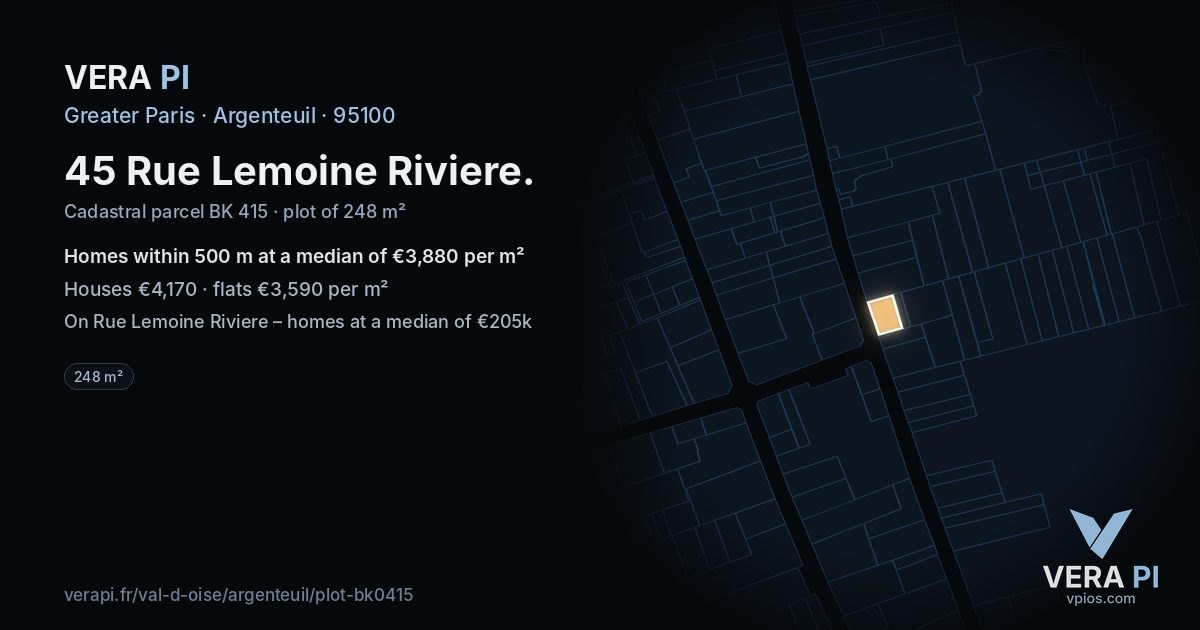 45 Rue Lemoine Riviere, Argenteuil at night – the plot lit, the parcels around coloured by the prices near them