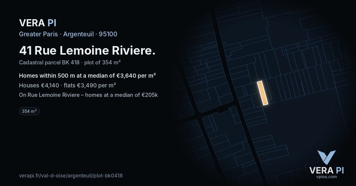 41 Rue Lemoine Riviere, Argenteuil at night – the plot lit, the parcels around coloured by the prices near them