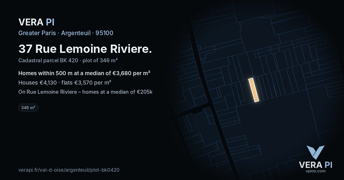 37 Rue Lemoine Riviere, Argenteuil at night – the plot lit, the parcels around coloured by the prices near them