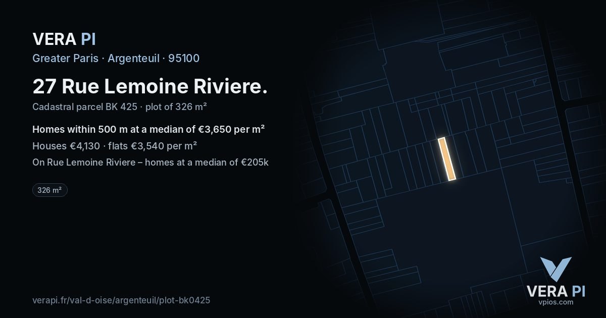 27 Rue Lemoine Riviere, Argenteuil at night – the plot lit, the parcels around coloured by the prices near them