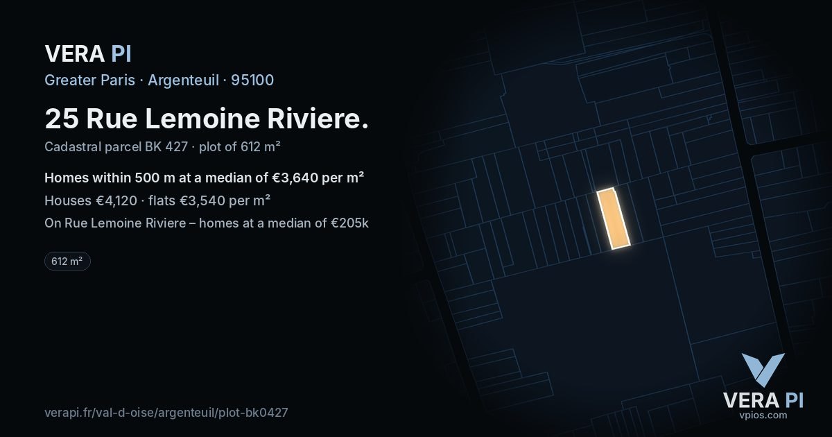 25 Rue Lemoine Riviere, Argenteuil at night – the plot lit, the parcels around coloured by the prices near them