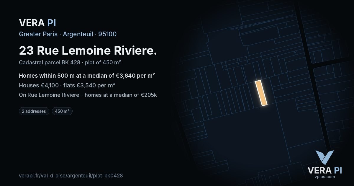 23 Rue Lemoine Riviere, Argenteuil at night – the plot lit, the parcels around coloured by the prices near them