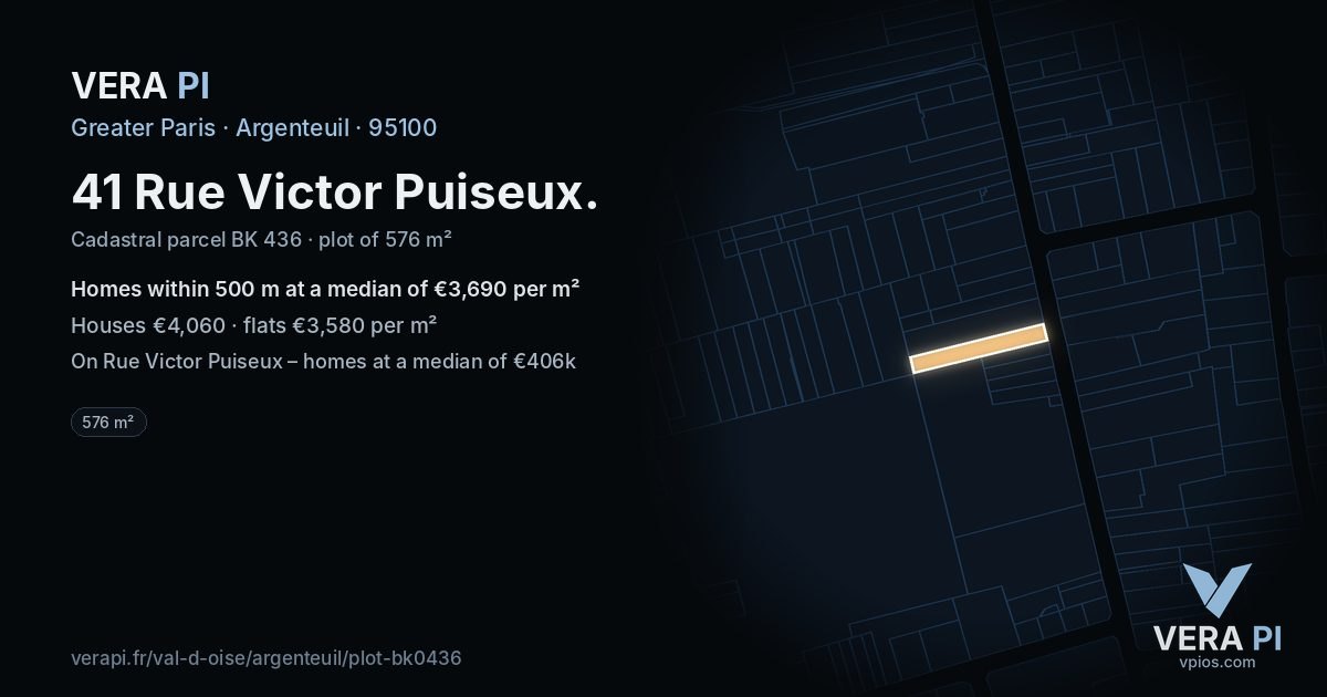 41 Rue Victor Puiseux, Argenteuil at night – the plot lit, the parcels around coloured by the prices near them