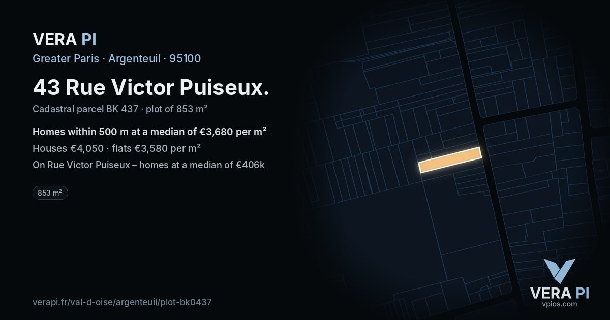 43 Rue Victor Puiseux, Argenteuil at night – the plot lit, the parcels around coloured by the prices near them