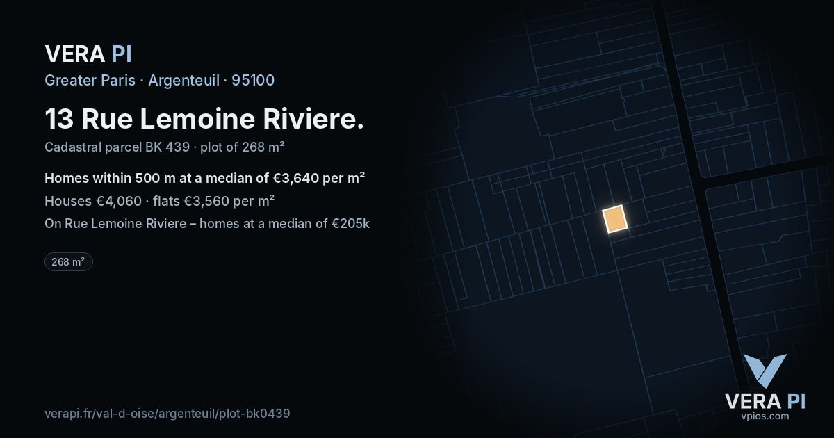 13 Rue Lemoine Riviere, Argenteuil at night – the plot lit, the parcels around coloured by the prices near them