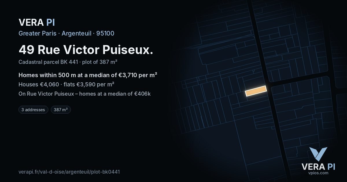49 Rue Victor Puiseux, Argenteuil at night – the plot lit, the parcels around coloured by the prices near them