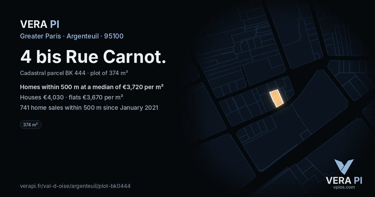 4 bis Rue Carnot, Argenteuil at night – the plot lit, the parcels around coloured by the prices near them