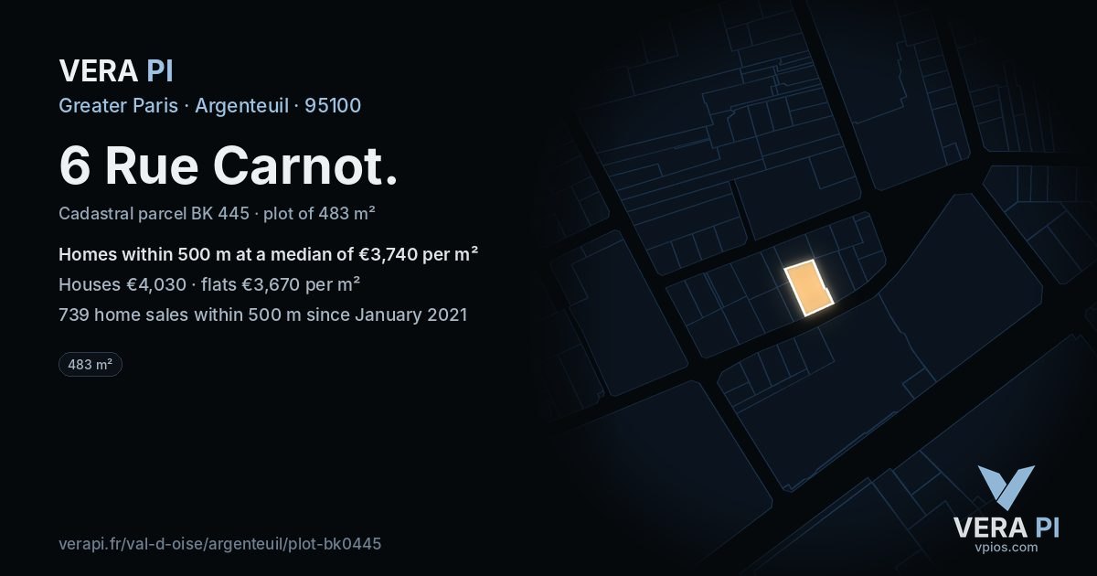 6 Rue Carnot, Argenteuil at night – the plot lit, the parcels around coloured by the prices near them