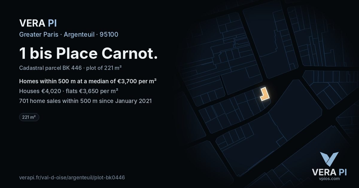 1 bis Place Carnot, Argenteuil at night – the plot lit, the parcels around coloured by the prices near them