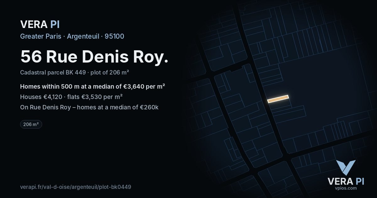 56 Rue Denis Roy, Argenteuil at night – the plot lit, the parcels around coloured by the prices near them