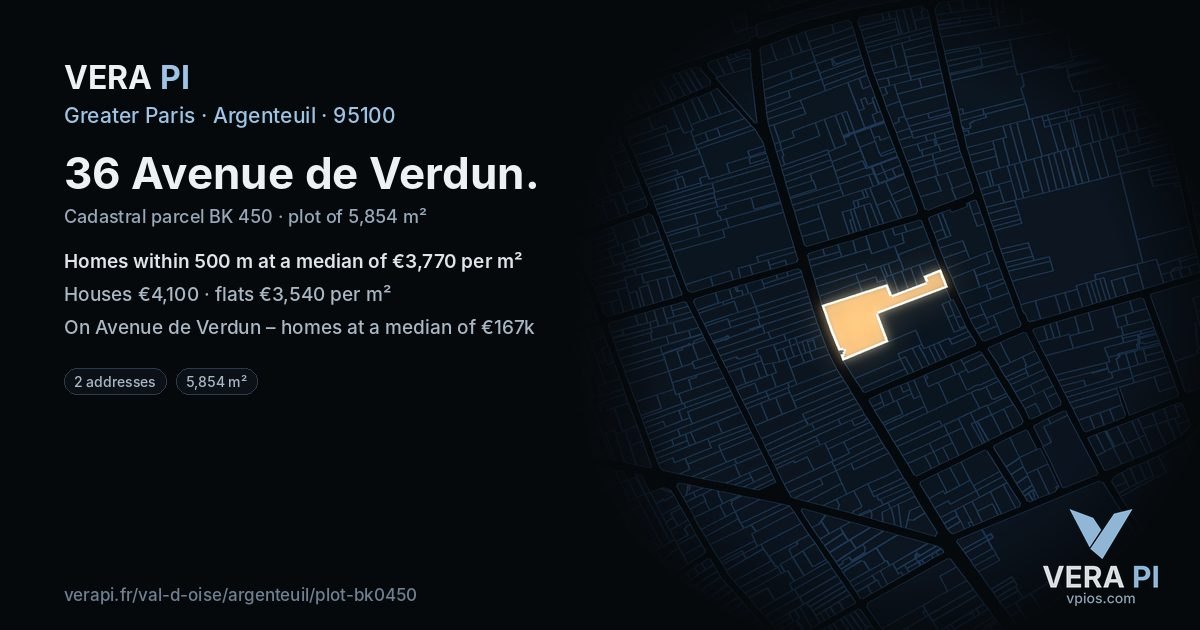 36 Avenue de Verdun, Argenteuil at night – the plot lit, the parcels around coloured by the prices near them
