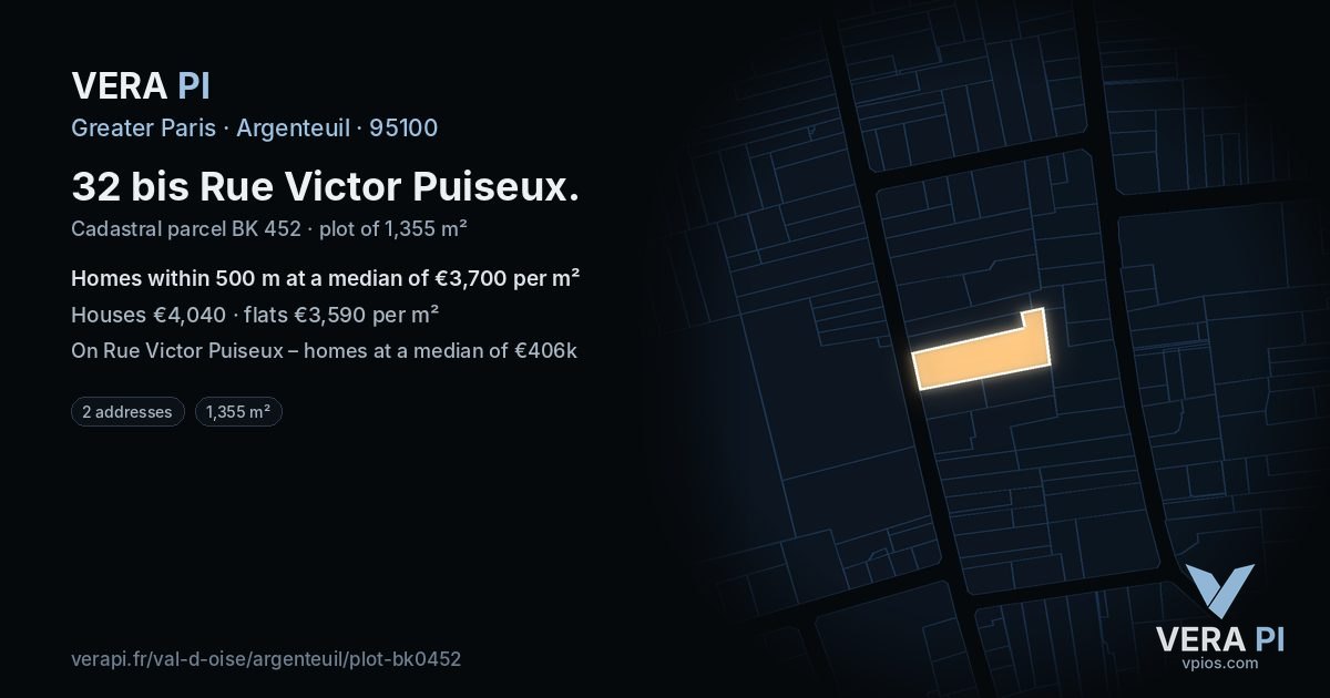 32 bis Rue Victor Puiseux, Argenteuil at night – the plot lit, the parcels around coloured by the prices near them