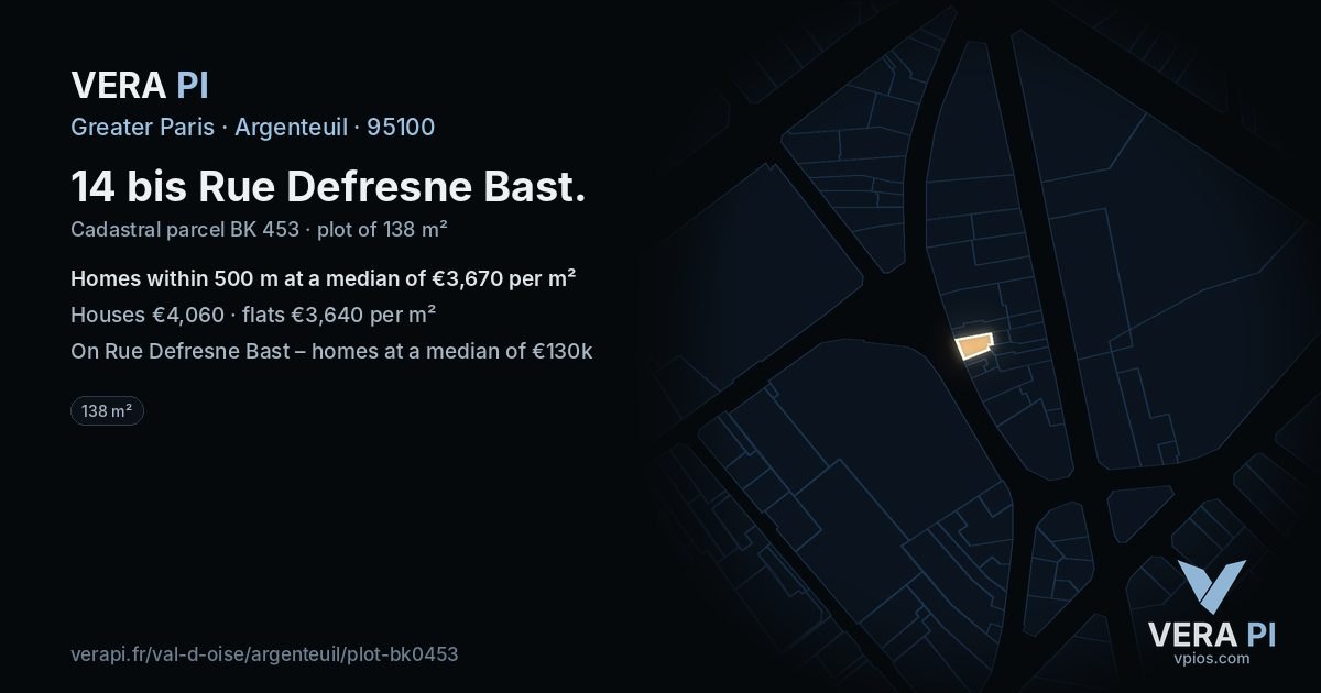 14 bis Rue Defresne Bast, Argenteuil at night – the plot lit, the parcels around coloured by the prices near them