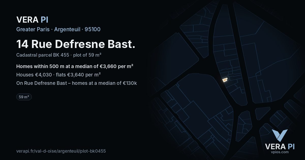 14 Rue Defresne Bast, Argenteuil at night – the plot lit, the parcels around coloured by the prices near them