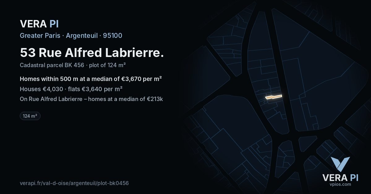 53 Rue Alfred Labrierre, Argenteuil at night – the plot lit, the parcels around coloured by the prices near them