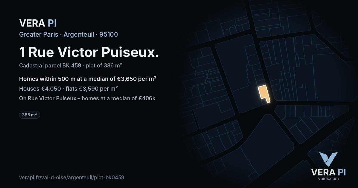 1 Rue Victor Puiseux, Argenteuil at night – the plot lit, the parcels around coloured by the prices near them