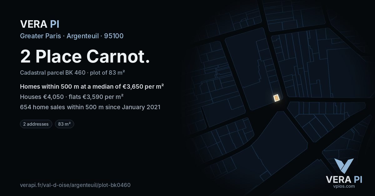 2 Place Carnot, Argenteuil at night – the plot lit, the parcels around coloured by the prices near them
