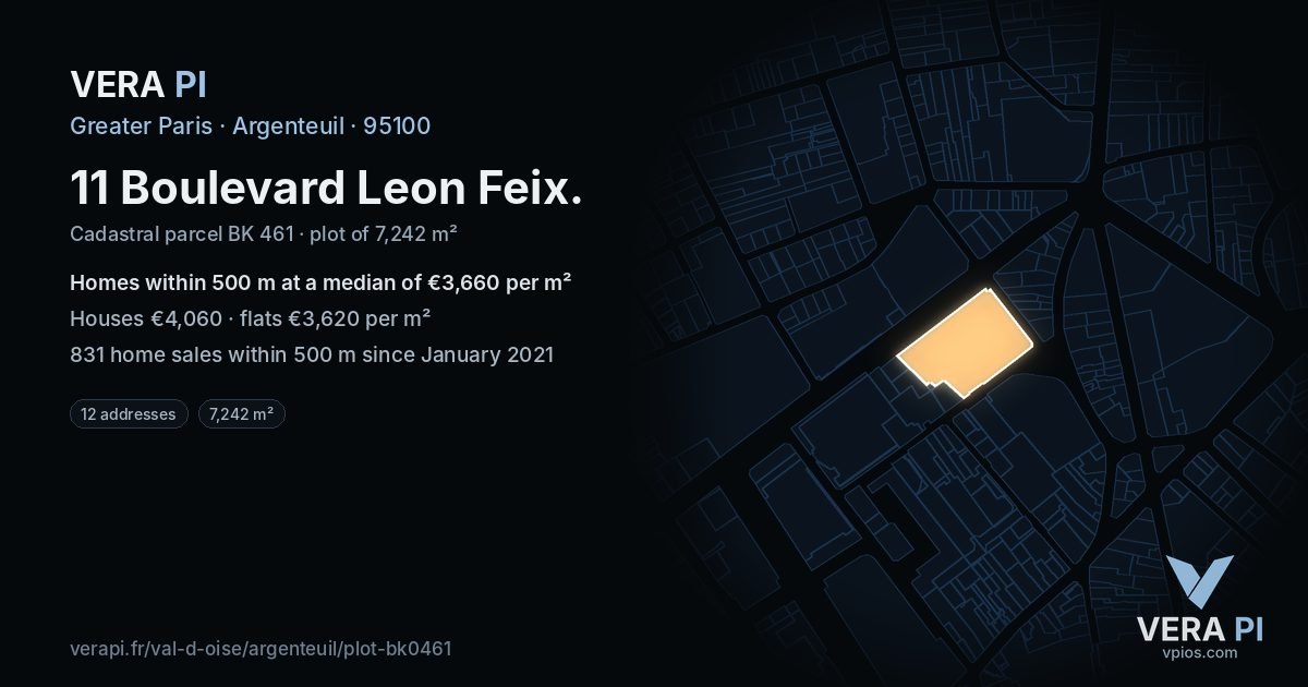 11 Boulevard Leon Feix, Argenteuil at night – the plot lit, the parcels around coloured by the prices near them