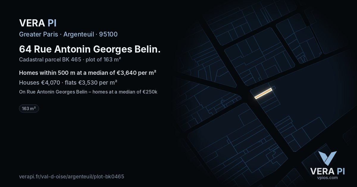 64 Rue Antonin Georges Belin, Argenteuil at night – the plot lit, the parcels around coloured by the prices near them