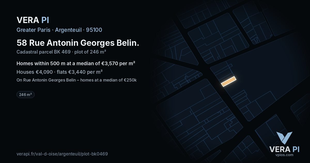 58 Rue Antonin Georges Belin, Argenteuil at night – the plot lit, the parcels around coloured by the prices near them