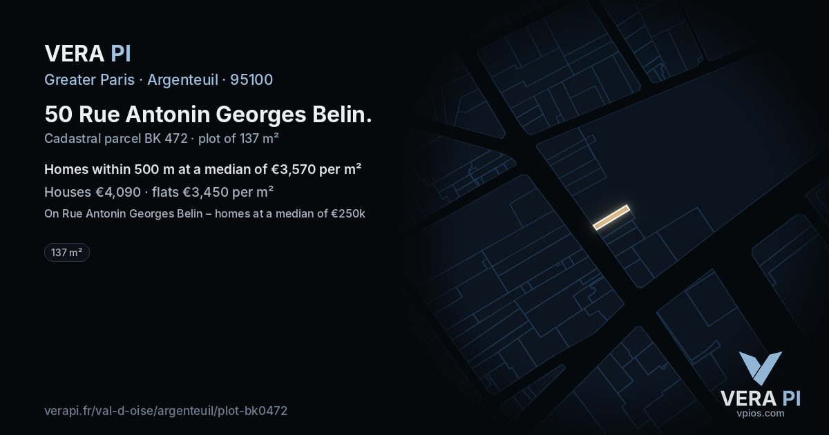 50 Rue Antonin Georges Belin, Argenteuil at night – the plot lit, the parcels around coloured by the prices near them