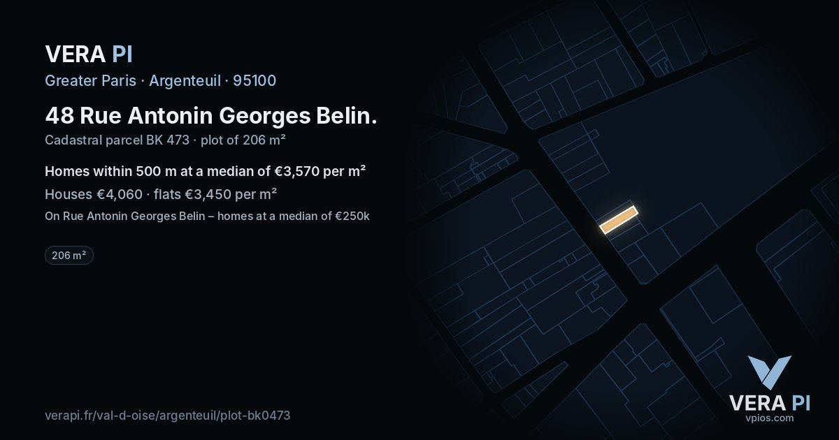 48 Rue Antonin Georges Belin, Argenteuil at night – the plot lit, the parcels around coloured by the prices near them