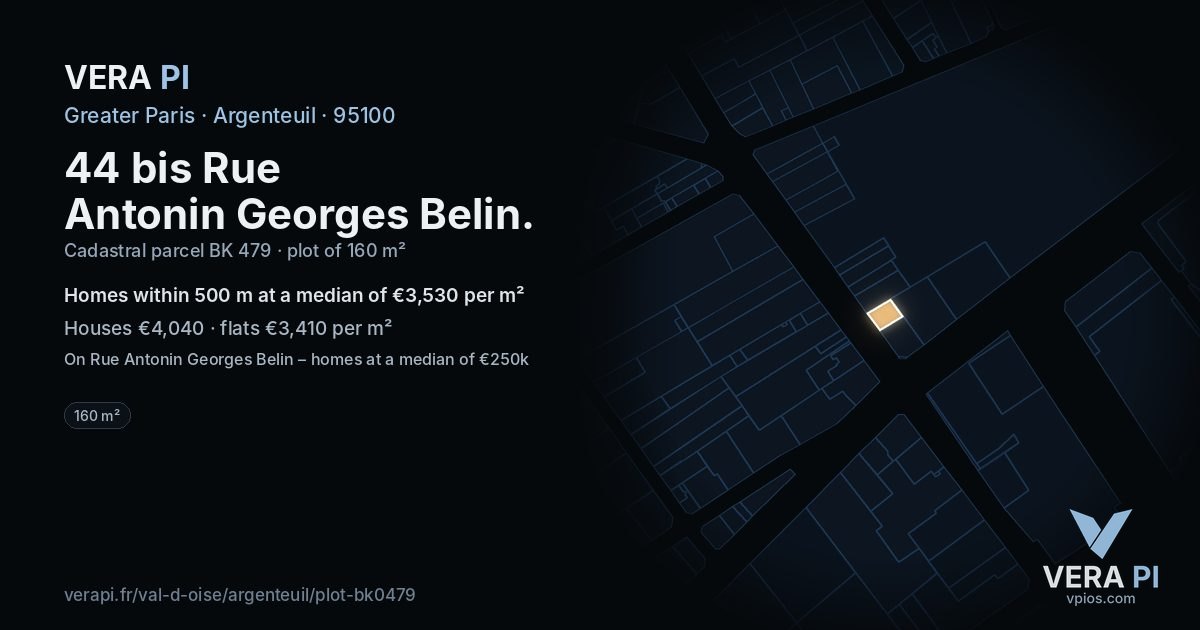 44 bis Rue Antonin Georges Belin, Argenteuil at night – the plot lit, the parcels around coloured by the prices near them