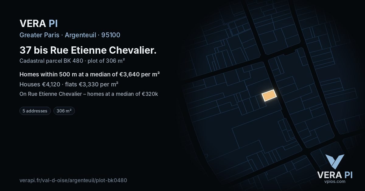 37 bis Rue Etienne Chevalier, Argenteuil at night – the plot lit, the parcels around coloured by the prices near them