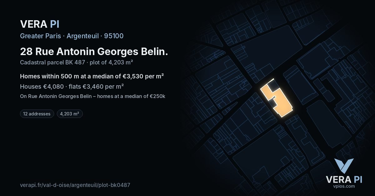 28 Rue Antonin Georges Belin, Argenteuil at night – the plot lit, the parcels around coloured by the prices near them