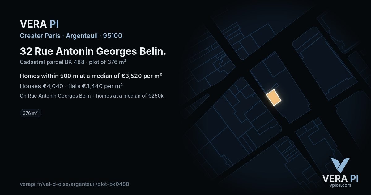 32 Rue Antonin Georges Belin, Argenteuil at night – the plot lit, the parcels around coloured by the prices near them
