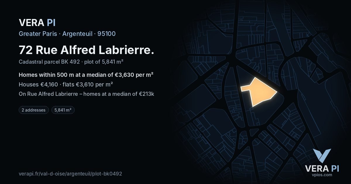 72 Rue Alfred Labrierre, Argenteuil at night – the plot lit, the parcels around coloured by the prices near them