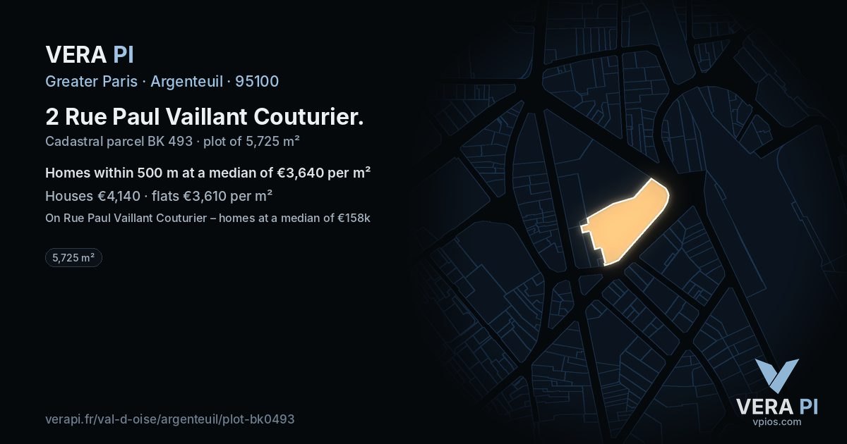 2 Rue Paul Vaillant Couturier, Argenteuil at night – the plot lit, the parcels around coloured by the prices near them