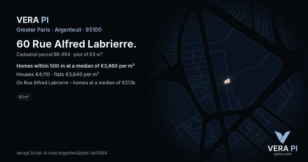 60 Rue Alfred Labrierre, Argenteuil at night – the plot lit, the parcels around coloured by the prices near them