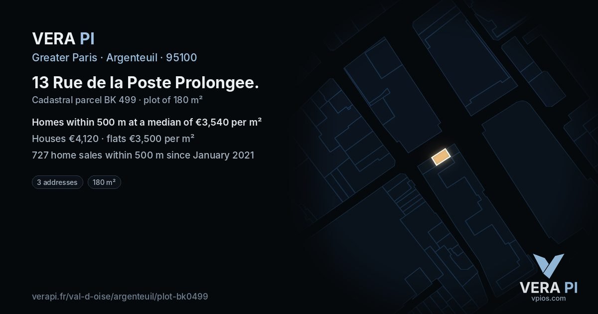 13 Rue de la Poste Prolongee, Argenteuil at night – the plot lit, the parcels around coloured by the prices near them