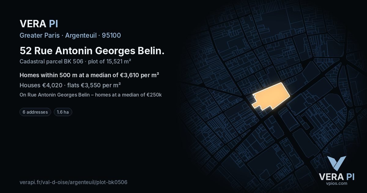 52 Rue Antonin Georges Belin, Argenteuil at night – the plot lit, the parcels around coloured by the prices near them