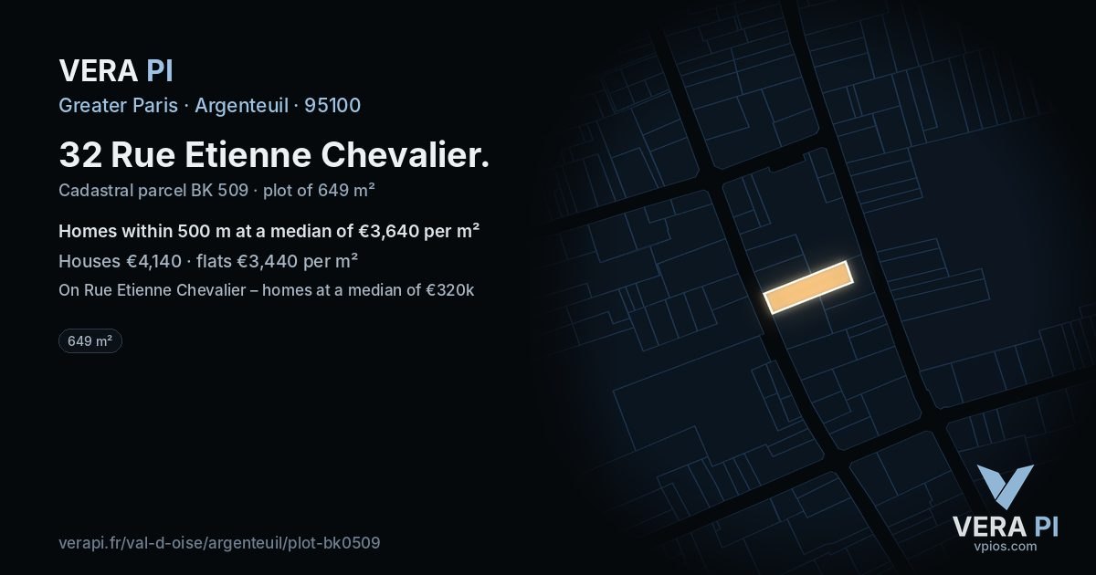 32 Rue Etienne Chevalier, Argenteuil at night – the plot lit, the parcels around coloured by the prices near them