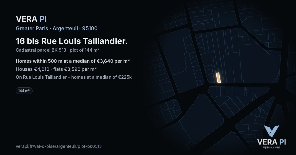 16 bis Rue Louis Taillandier, Argenteuil at night – the plot lit, the parcels around coloured by the prices near them