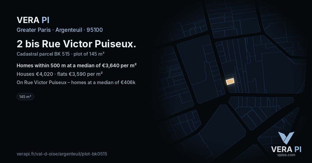 2 bis Rue Victor Puiseux, Argenteuil at night – the plot lit, the parcels around coloured by the prices near them